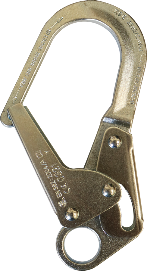 Introducing the French Creek Steel Locking Rebar Snaphook 69 by French Creek Production, this durable steel snap hook boasts a curved locking mechanism and clearly engraved safety inscriptions. Its robust design makes it an ideal choice for fall protection, frequently utilized in safety harnesses or climbing equipment.