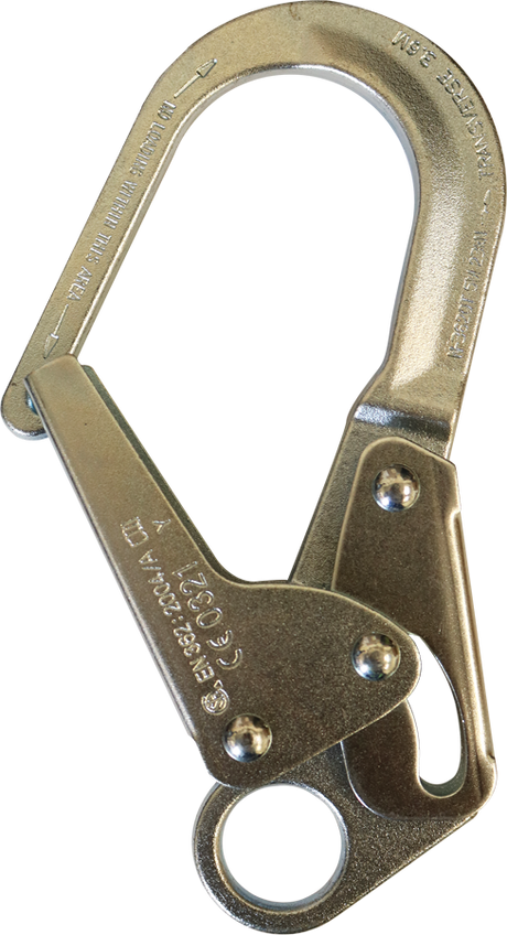 Introducing the French Creek Steel Locking Rebar Snaphook 69 by French Creek Production, this durable steel snap hook boasts a curved locking mechanism and clearly engraved safety inscriptions. Its robust design makes it an ideal choice for fall protection, frequently utilized in safety harnesses or climbing equipment.