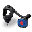 A black protective helmet featuring a clear visor is connected via a hose to the Allegro EZ Air Flex Shield PAPR 9937-G, a blue powered air-purifying respirator unit perfect for industrial applications.