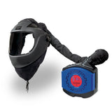 A black protective helmet featuring a clear visor is connected via a hose to the Allegro EZ Air Flex Shield PAPR 9937-G, a blue powered air-purifying respirator unit perfect for industrial applications.