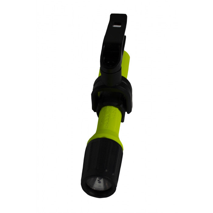 The NSA Enespro LED Light Kit HLITEKIT, a vital component of essential safety equipment, boasts a vibrant yellow body and a black head. It is equipped with a black clip near the top for easy fastening or carrying. The practical tool is showcased against a white background.