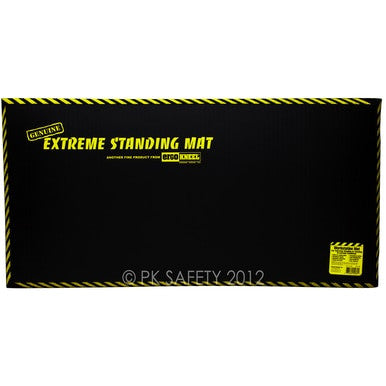 The Working Concepts ErgoKneel Extreme Standing Mat 5030 is a black anti-fatigue mat featuring bold yellow text that says "Extreme Standing Mat." Ideal for standing desk setups, it has an eye-catching yellow and black striped border. The manufacturer's logo alongside the year 2012 is prominently displayed.