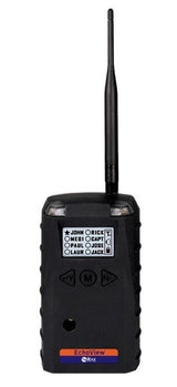 A black walkie-talkie with a long antenna, equipped with a display screen that lists names and includes several buttons for operation. This device is labeled "RAE Systems EchoView Mini-Controller Wireless Command F04-A211-100" and is designed to integrate seamlessly with wireless portable monitors for enhanced communication.