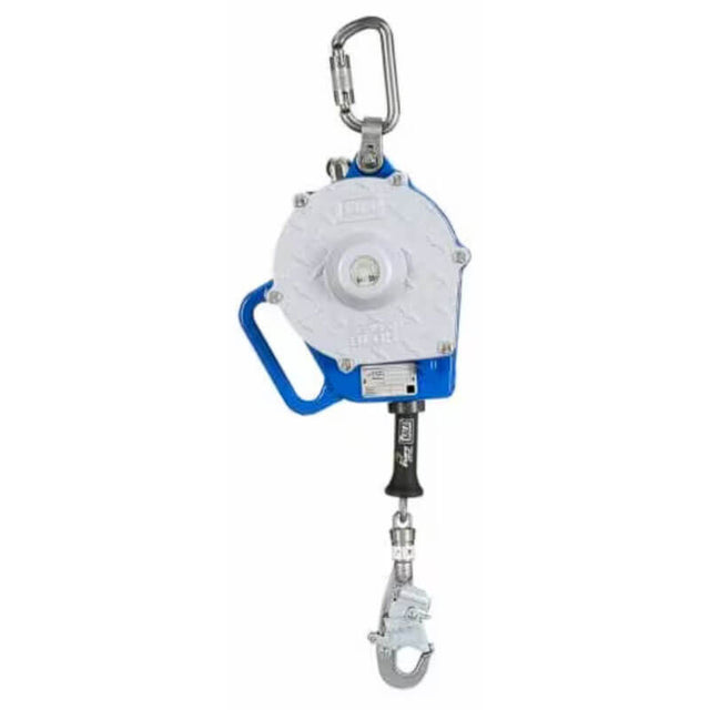 The 3M DBI-SALA Sealed-Blok SRL, Retrieval, SS Cable, 30 ft (model number 3400144) from 3M DBI-SALA Fall Protection is vital for safety when climbing or working at heights. Its blue and white casing contains a carabiner at the top and a metal hook at the bottom, making it perfect for confined space rescue scenarios.