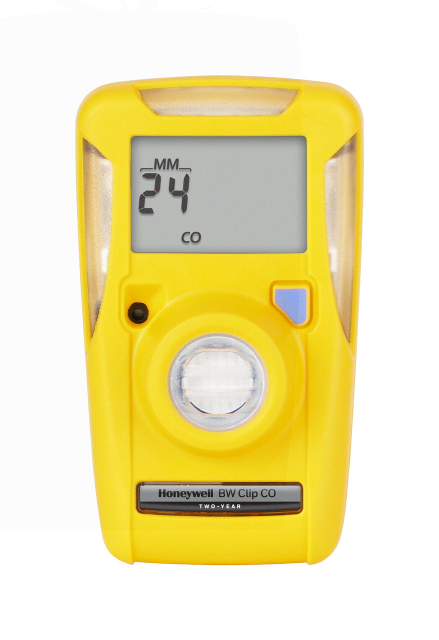 A BW Clip 2 Year CO Single Gas Detector BWC2-M by BW Honeywell, in yellow, shows "24" on its display to indicate the carbon monoxide measurement in parts per million (ppm). This device is expertly crafted for monitoring carbon monoxide levels.