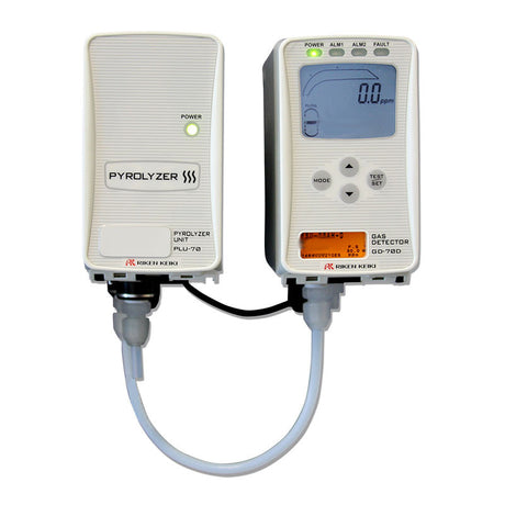 An RKI Instruments GD-70D transmitter, specifically designed for detecting Carbonyl Sulfide (COS) within a range of 0-15.0 ppm, is connected to a pyrolyzer unit for advanced gas detection capabilities. The detector shows a reading of "0.0 ppm" and includes indicator lights for Power, Alarm, and Fault statuses. Both devices are interconnected by a cable to ensure accurate monitoring of gases like Carbonyl Sulfide.