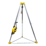 The French Creek Production 7' Tripod 3-Way Rescue Unit with Bag, model R50G-TP7, boasts a silver and yellow finish and comes with a winch and chain pulley system. This industrial-grade unit includes galvanized wire rope, locking pins, and chains for enhanced stability, making it perfect for lifting or supporting heavy equipment safely.