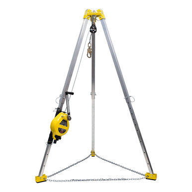 The French Creek Production 7' Tripod 3-Way Rescue Unit with Bag, model R50G-TP7, boasts a silver and yellow finish and comes with a winch and chain pulley system. This industrial-grade unit includes galvanized wire rope, locking pins, and chains for enhanced stability, making it perfect for lifting or supporting heavy equipment safely.