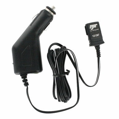 The BW Honeywell Vehicle Power Adapter GA-VPA-1 is a black car charger featuring a coiled cable, designed specifically for powering BW Technologies devices. It has a 12V connector plug on one end and an "BN" labeled connector for electronic devices on the other end. The cable is neatly folded and secured with a twist tie, making it perfect for use with your GasAlert series multi-gas detectors.