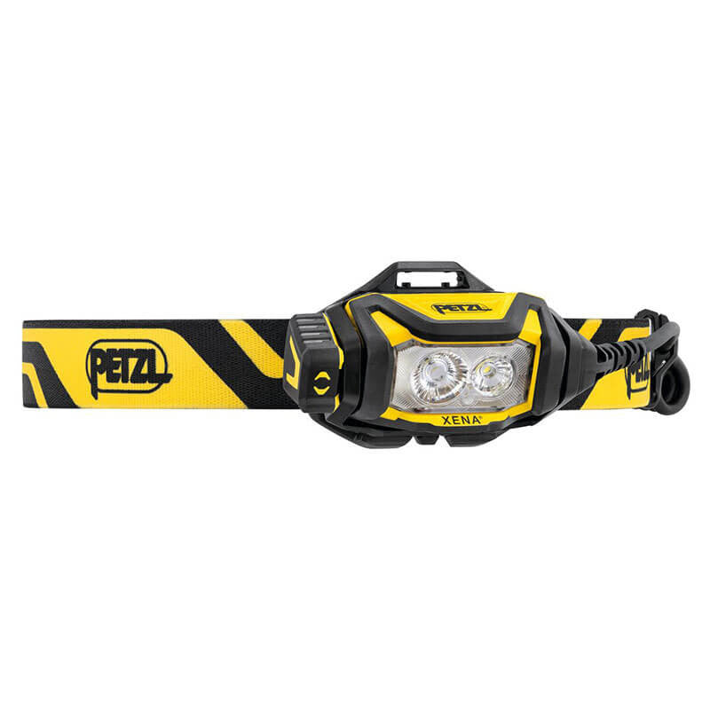 The Petzl XENA Rechargeable Headlamp E004BA00 is a yellow and black headlamp designed for industrial professionals, featuring "Petzl" branding and "Xena" on the front. It includes two LED lights and an adjustable strap with a chevron pattern.