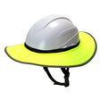 The Pyramex Safety Ridgeline XR7 Sun Shade HPXR7SHADE30 helmet is equipped with a broad neon-yellow sun shade and a black chin strap.