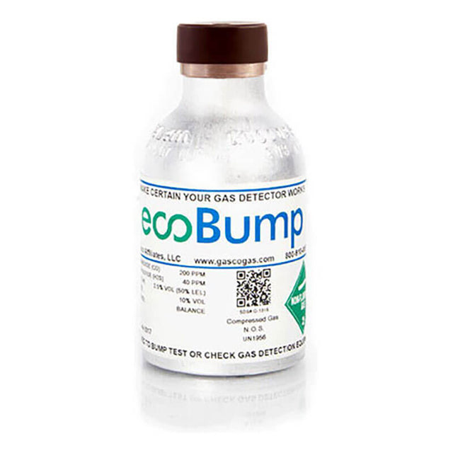 The GfG 4-Gas Bump Test Gas 7 Liter features a brown cap and a label that provides safety information, includes a QR code, and highlights its suitability for bump testing. This innovative product efficiently tests gas detection devices.