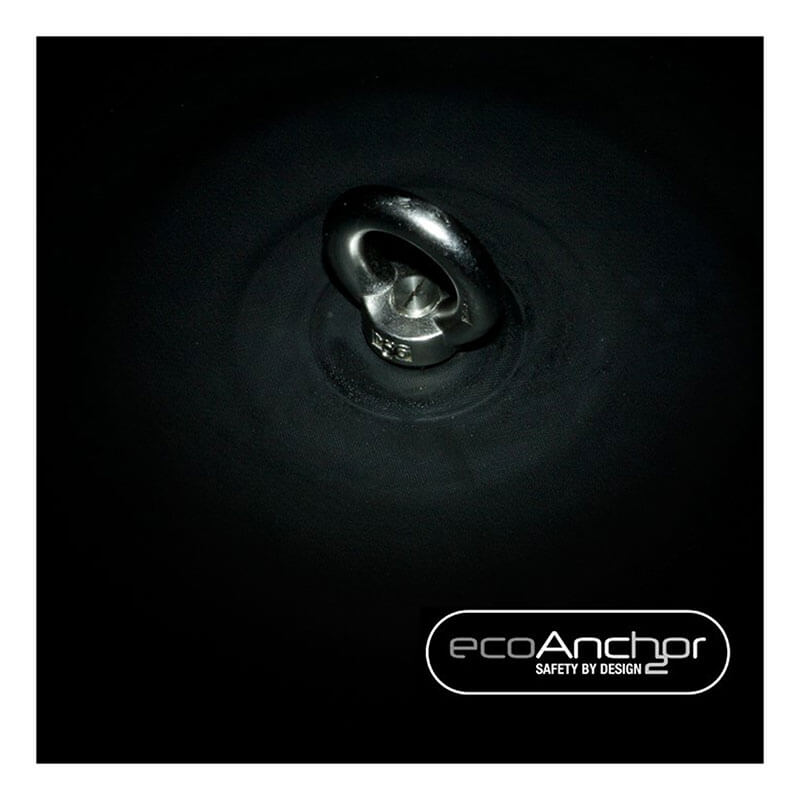 A close-up of the Frontline EcoAnchor Counterweight Fall Arrest Anchor System by Frontline Fall Protection, embedded in a dark, circular surface, with the product logo in the bottom right corner.