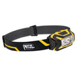 The Petzl ARIA 2 Headlamp E070AA00 is a compact, waterproof headlamp in black and yellow, featuring dual LED lights for proximity lighting. It is attached to an adjustable elastic headband that prominently displays the Petzl logo in white.