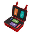 The Aero Healthcare Modulator Trauma Kit w/Bleed Control M610-1, produced by Aero Healthcare, features a red hard-shell exterior with an open lid that reveals colorful, organized compartments labeled for different emergencies, such as bleed control and eye care supplies. This ensures a structured interior for secure and efficient storage.