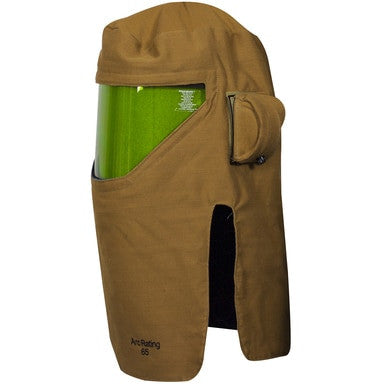 The NSA Arc 65 Kevlar/Nomex CrossVent Hood, featuring a green-tinted face shield and side flap for enhanced protection, is a vital piece of safety equipment in high-risk environments, crafted with durable Kevlar Nomex material.