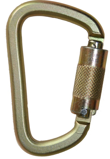 The French Creek Production Steel Twist-Lock Carabiner 354-2Z, showcasing its gold hue, twist-lock mechanism, and subtle texturing, captures attention. Rated ANSI Z359 for fall protection, it stands prominently vertical against a plain background.