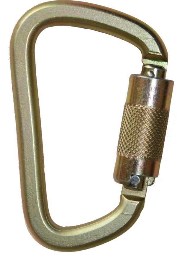 The French Creek Production Steel Twist-Lock Carabiner 354-2Z, showcasing its gold hue, twist-lock mechanism, and subtle texturing, captures attention. Rated ANSI Z359 for fall protection, it stands prominently vertical against a plain background.