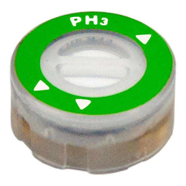 A compact and transparent cylindrical container featuring a green cap and labeled "RKI Replacement PH3 Sensor ESR-A13D-PH3" with three white arrows, engineered for effortless PH3 sensor replacement in the GX-3R Pro.