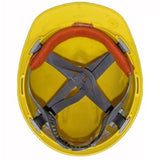 Top view of a yellow hard hat with an orange headband, complemented by Weldas SWEATSOpad Hard Hat Liner 20-3200V for enhanced comfort, featuring gray internal suspension straps and a sweatband replacement.