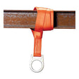 A Miller Titan Cross Arm Anchorage Connection T7314/6FTAF safety strap from Miller Fall Protection is looped around a brown steel beam, featuring a metal ring at the end. Made from durable polyester, it provides a reliable anchor point in fall protection systems.