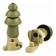 Close-up image of two small, green and beige Moldex BattlePlugs Shooting Ear Plugs. One is upright, while the other is on its side, highlighting its dual-flange structure designed for hearing protection with a noise reduction rating.