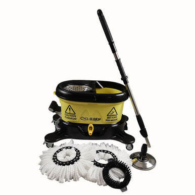 Introducing the Hurricone CycloMop Spin Mop with Dolly CM500D by Hurricone, which comes with a yellow mop bucket on wheels. It features a stainless steel wringer and includes a long handle mop accompanied by three microfiber mop heads. Accompanying this set are circular brush attachments displayed against a white background. The bucket is designed with caution labels for wet floors for added safety.