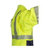 Side view of a high-visibility yellow short-sleeve safety shirt with reflective silver stripes and dark blue pocket detailing, designed to pair seamlessly with the NSA DRIFIRE FR Hi-Vis Insulated Jacket JKT-01C3-HV for comprehensive protection that meets ANSI/ISEA 107 compliance standards.