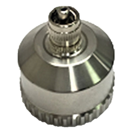 A detailed view of the mPower NEO MP18X Metal Sensor Cap with Luer Connector M085-3005-000, featuring a cylindrical shape and screw-like ridges reminiscent of high-precision engineering. The metallic surface from mPower Electronics glistens, highlighting its polished finish.