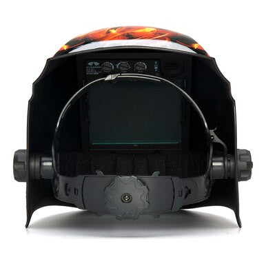 The LEADHEAD Auto Darkening Helmet - Flame WHAM3030FL by Pyramex Safety features a bold black and orange flame design and includes an adjustable headband for comfort. Ideal for welders, this helmet combines style and safety in one sleek package.