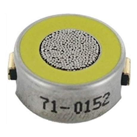 A compact circular electronic component, frequently utilized as a replacement gas sensor, featuring a metallic exterior and a yellow top with a textured gray center. The side bears the label "71-0152." This LEL sensor component from RKI Instruments, model NC-6264A, includes two metal contacts for connectivity.