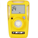 A yellow, maintenance-free gas detector from BW Honeywell, specifically the BW Clip 2 Year SO2 5-10 Single Gas Detector (model BWC2-S), displays "MM 24 O2" on its rectangular screen. The device includes a digital display and features a central circular sensor.