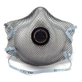 A Moldex 2400 N95 Nuisance O/V respirator, from the Moldex brand, in a gray, mesh-textured design with a central valve and light blue adjustable straps. This product is engineered for respiratory protection and offers a sturdy build for enhanced safety in welding applications.