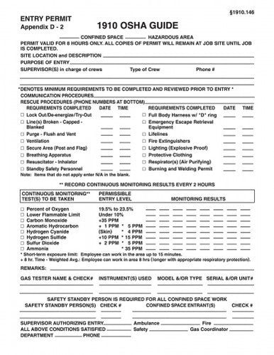 The Confined Space Entry Permit - 100/Pad CBS246 by AccuformNMC provides a comprehensive format for documenting confined space entry procedures. It features sections for permit validity, site location, entry supervisor details, specific requirements, gas test results, and safety standby information as per OSHA regulations.