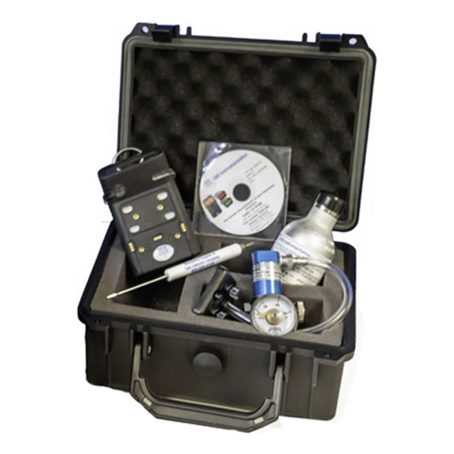 A GfG EcoBump Kit with Alkaline G450-11410E, featuring a black carrying case that holds various electronic devices and tools, such as a confined space monitor, CD, screwdriver, meter, and coil of wire. The interior is designed with custom foam compartments to securely hold each item.