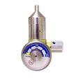 Introducing the BW Calibration Gas Regulator REG-0.5 LPM by BW Honeywell, a durable stainless steel regulator featuring a pressure gauge that displays measurements from 0 to 500 PSI. The blue and white dial includes a no-smoking symbol for safety. Its compact design is equipped with a connection nozzle and side attachment point, ensuring compatibility with non-pumped monitors for seamless operation.