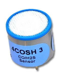 This compact, cylindrical BW Twin Tox Dual Carbon Monoxide/Hydrogen Sulfide Sensor D4-RHM04 from BW Honeywell features a blue and silver casing. The top is white with a mesh design, and the side is labeled "4COSH 3 CO/H2S Sensor." Equipped with three connector pins, it's an essential component for precise gas detection in any advanced gas monitor system.