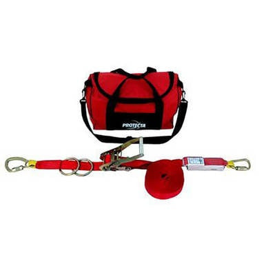 Displayed is a complete fall protection set, featuring a red safety harness kit with metal hooks and straps, in front of a matching red carrying bag labeled "Protecta." This OSHA-compliant set includes the 3M DBI-SALA Fall Protection's DBI-SALA Protecta PRO-Line Temporary Horizontal Lifeline 120010, designed for optimal personal fall protection.