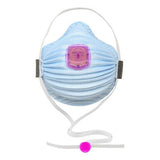 The Moldex AirWave P100 Disposable Respirator 4400P100 from the Moldex brand is a blue respiratory face mask featuring a distinctive purple valve and white elastic straps, with a mesh-like texture. It is designed for effective filtration and respiratory protection, matching the P100 standard for optimal safety.