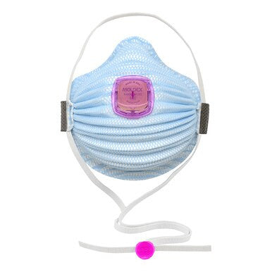 The Moldex AirWave P100 Disposable Respirator 4400P100 from the Moldex brand is a blue respiratory face mask featuring a distinctive purple valve and white elastic straps, with a mesh-like texture. It is designed for effective filtration and respiratory protection, matching the P100 standard for optimal safety.