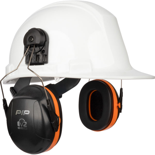 The PIP V2 Cap Mounted Ear Muff 263-V2CM by Protective Industrial Products is crafted as a white hard hat, featuring black and orange earmuffs tailored for safety equipment needs and hearing protection on construction sites.