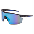 Introducing the Pyramex PMXSPEC Blue Mirror Safety Glasses SB11265ST, a stylish pair by Pyramex Safety. These sunglasses feature a sleek black frame and vibrant reflective blue lenses with UV protection. The design boasts sharp edges and a wrap-around style for a modern, athletic appearance, with subtle branding on the temples for an understated look.