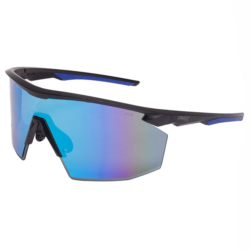 Introducing the Pyramex PMXSPEC Blue Mirror Safety Glasses SB11265ST, a stylish pair by Pyramex Safety. These sunglasses feature a sleek black frame and vibrant reflective blue lenses with UV protection. The design boasts sharp edges and a wrap-around style for a modern, athletic appearance, with subtle branding on the temples for an understated look.