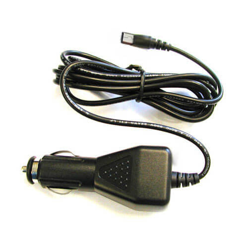 The mPower Electronics mPower Vehicle 12V Charger Adapter with MicroUSB Cable M500-0033-000-FCO, available in black, features a coiled MicroUSB cable and a compact connector. Its textured grip enhances the sleek design, enabling easy connection to your vehicle's power outlet.