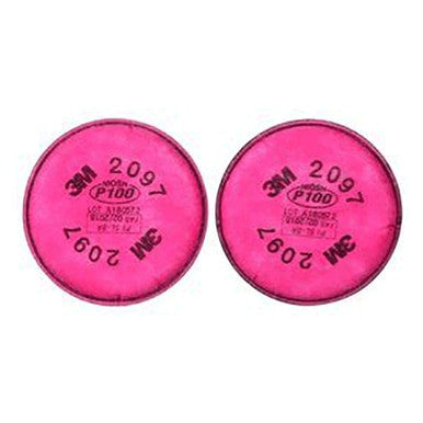 A pair of 3M 2097 P100 Particulate / Organic Vapor Filters, recognizable by their pink circular design with black text, offers strong protection against toxic dusts for use in different environments.