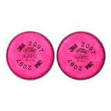 A pair of 3M 2097 P100 Particulate / Organic Vapor Filters, recognizable by their pink circular design with black text, offers strong protection against toxic dusts for use in different environments.