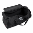 The Allegro SCBA Storage Bag 4100-45 by Allegro is a large black bag with "SCBA Storage" in white, zippered top opening, internal padding, reinforced handles, and comes empty and open.