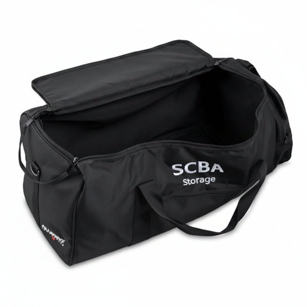The Allegro SCBA Storage Bag 4100-45 by Allegro is a large black bag with "SCBA Storage" in white, zippered top opening, internal padding, reinforced handles, and comes empty and open.