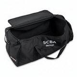 The Allegro SCBA Storage Bag 4100-45 by Allegro is a large black bag with "SCBA Storage" in white, zippered top opening, internal padding, reinforced handles, and comes empty and open.