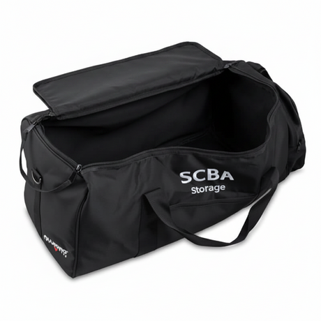 The Allegro SCBA Storage Bag 4100-45 by Allegro is a large black bag with "SCBA Storage" in white, zippered top opening, internal padding, reinforced handles, and comes empty and open.